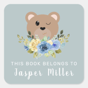 Boys Cute Teddy Bear Dusty Blue & Name Kids Square Sticker