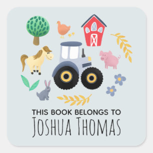 Boys Cute This Book Belongs Blue Farm Tractor Kids Square Sticker