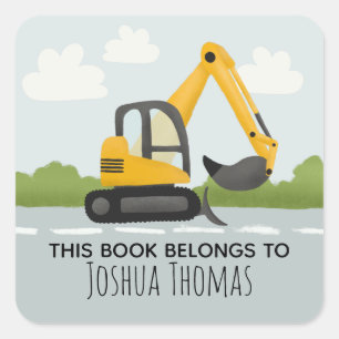 Boys Cute This Book Belongs Digger Kids Bookplate Square Sticker