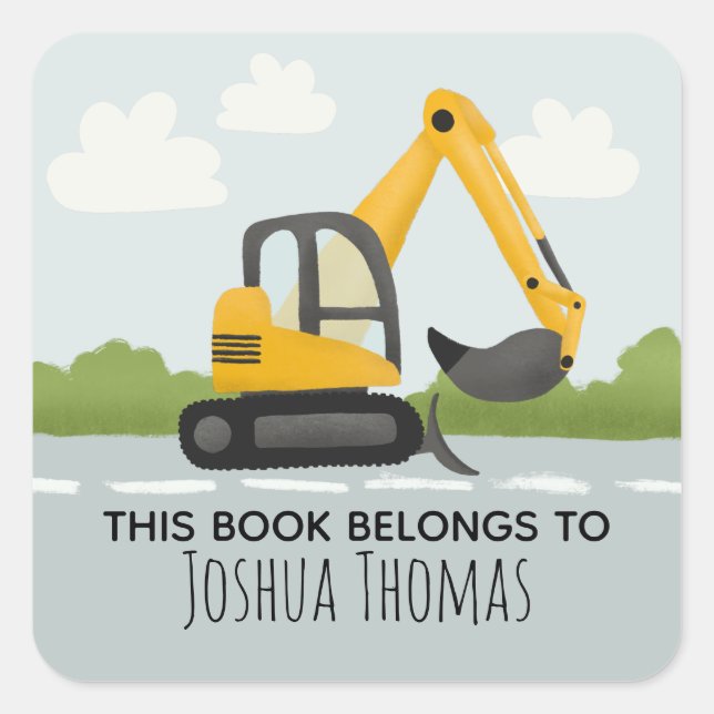 Boys Cute This Book Belongs Digger Kids Bookplate Square Sticker (Front)