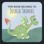 Boys Cute 'This Book Belongs' Dragon & Name Kids Square Sticker<br><div class="desc">This cute boy's 'this book belongs' bookplate design features a green dragon cartoon with hills and a sun, and has place for you to add your kids name in lovely typography. Perfect for your child's back to school supplies. Check out the rest of our collection for other cute magical kids...</div>