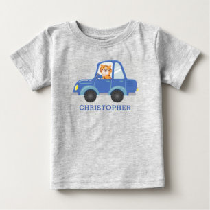 Boys Cute Tiger Driving Blue Car Personalised Name Baby T-Shirt