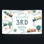 Boys Cute Train Kids Birthday Welcome Sign<br><div class="desc">This cute and modern transport-themed kids birthday welcome sign banner design features a blue train travel illustration, with trains, tracks, and greenery on a modern white background. The banner can be personalised with your boys name and age. The perfect travel-themed addition to your toddler or child’s birthday party! The poster...</div>