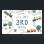Boys Cute Train Kids Birthday Welcome Sign<br><div class="desc">This cute and modern transport-themed kids birthday welcome sign banner design features a blue train travel illustration, with trains, tracks, and greenery on a modern white background. The banner can be personalised with your boys name and age. The perfect travel-themed addition to your toddler or child’s birthday party! The poster...</div>