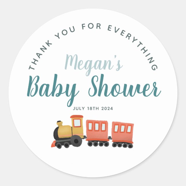 Boys Cute Train Thank You Baby Shower Favour Classic Round Sticker (Front)