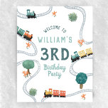Boys Cute Train Travel Kids Birthday Welcome Sign<br><div class="desc">This cute and modern transport-themed kids birthday welcome sign design features a blue train travel illustration, with trains, tracks, and greenery in a white background. The sign can be personalised with your boys name and age. The perfect travel-themed addition to your toddler or child’s birthday party! The poster is set...</div>