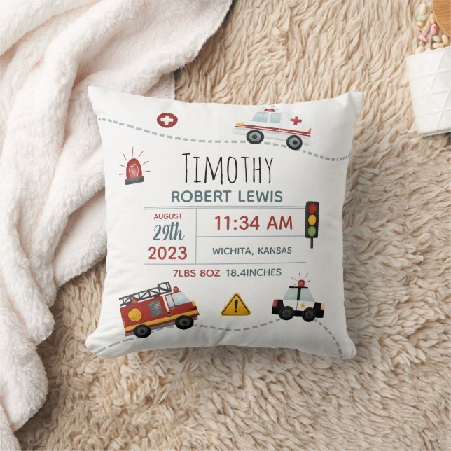 Boys Cute Transport Baby Birth Stats Cushion (Blanket)