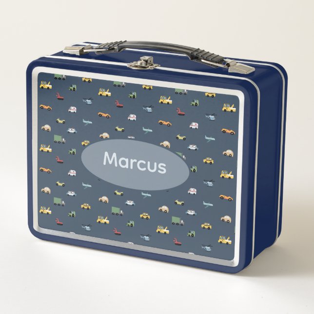 Boys Cute Transport Car Pattern monogram Kids Metal Lunch Box (Front)