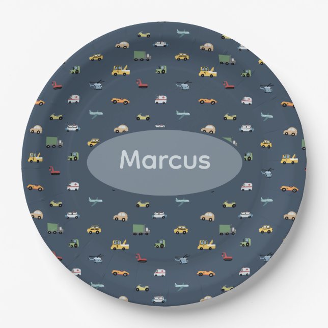 Boys Cute Transport Car Pattern monogram Kids Paper Plate (Front)