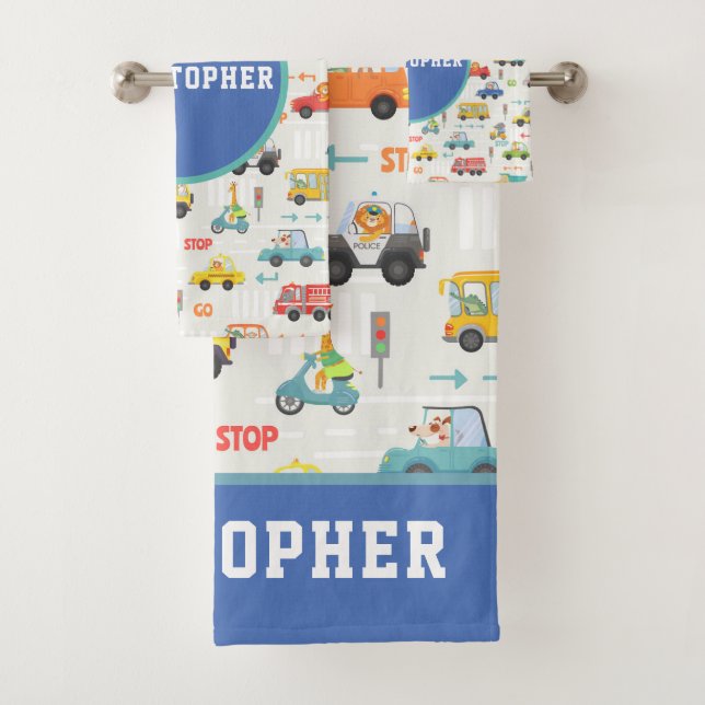 Boys Cute Transport Car Pattern Name Kids Bath Towel Set (Insitu)
