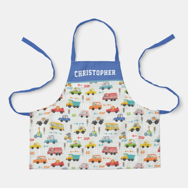 Boys Cute Transport Car Pattern Personalised Name Apron (Front)