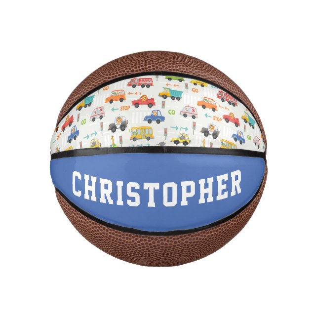 Boys Cute Transport Car Pattern Personalised Name Mini Basketball (Front)