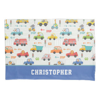 Boys Cute Transport Car Pattern Personalised Name Pillowcase