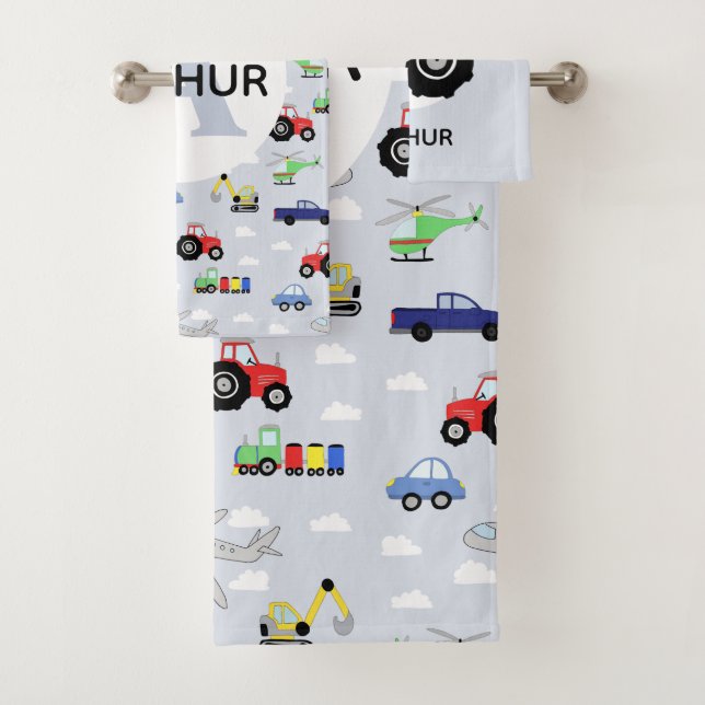 Boys Cute Transport Pattern Car Name Kids Bath Towel Set (Insitu)