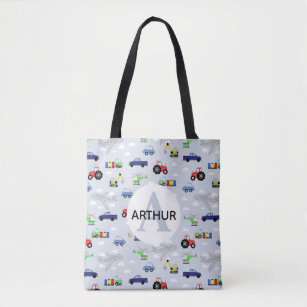 Boys Cute Transport Pattern Tractor and Name Kids Tote Bag