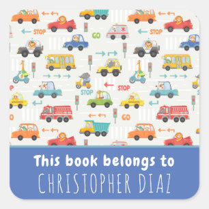 Boys Cute Transport This Book Belongs To Bookplate Square Sticker