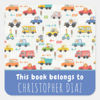 Boys Cute Transport This Book Belongs To Bookplate Square Sticker