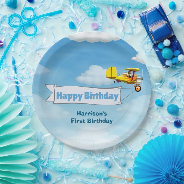 Boys Cute Travel Aeroplane Kids Birthday Custom Paper Plate (Party)