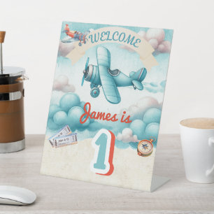 Boys Cute Travel Aeroplane Kids Birthday Custom Pedestal Sign