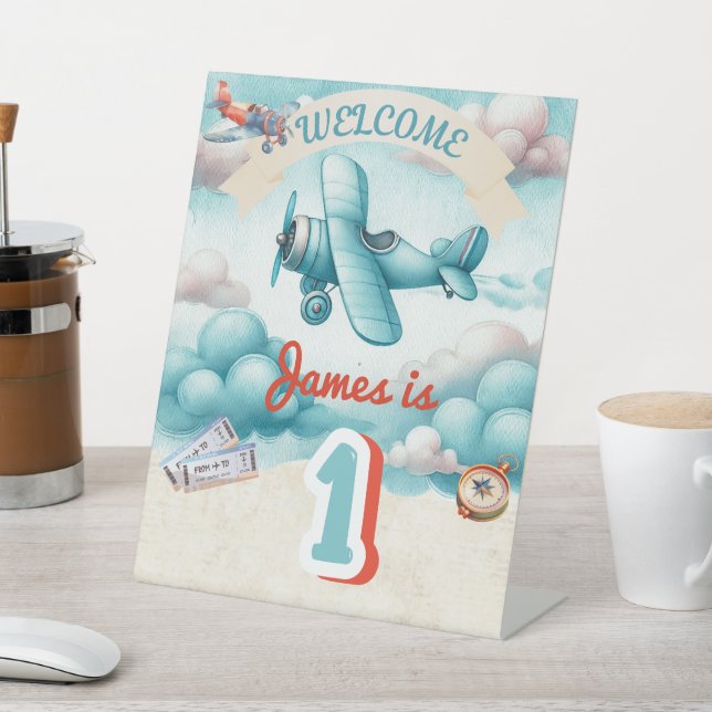 Boys Cute Travel Aeroplane Kids Birthday Custom Pedestal Sign (In SItu)