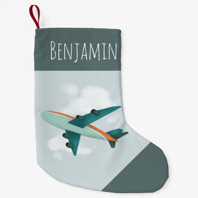 Boys Cute Travel Blue Aeroplane Kids Small Christmas Stocking (Front)
