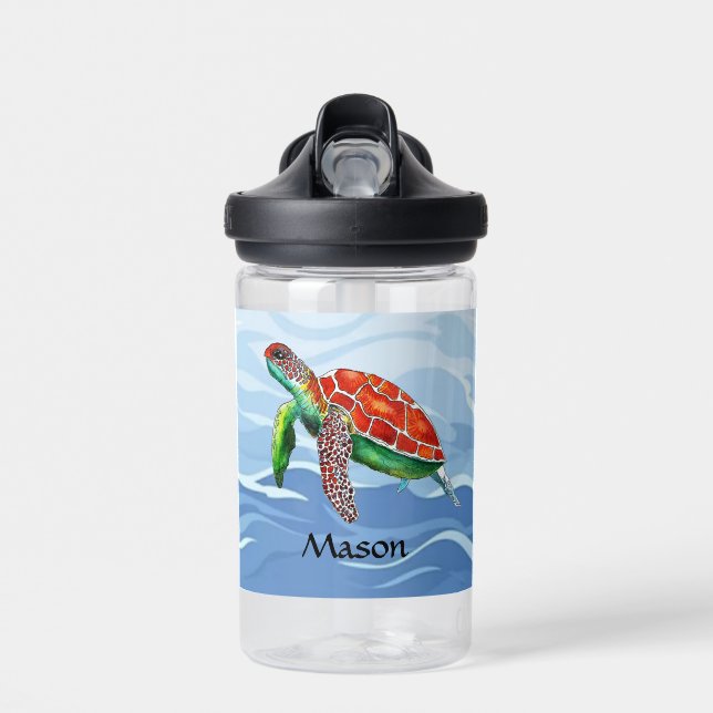 Boys Cute Turtle Personalised Blue Ocean Kids Water Bottle (Front)