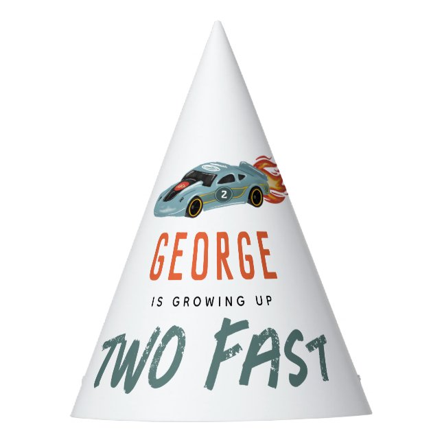 Boys Cute Two Fast 2nd Birthday Racing Car Party Hat (Front)