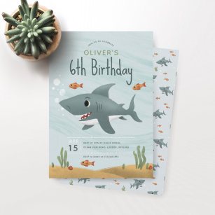  Boys Cute Under the Sea Ocean Shark 6th Birthday Invitation