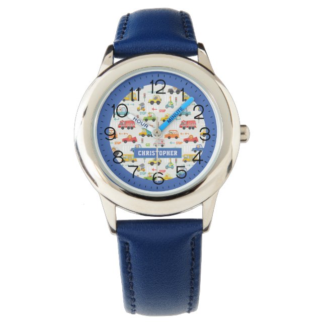 Boys Cute Vehicle Car Pattern Personalised Name Watch (Front)
