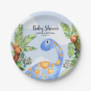 Boys Cute Watercolor Dinosaur Jungle Baby Shower Paper Plate