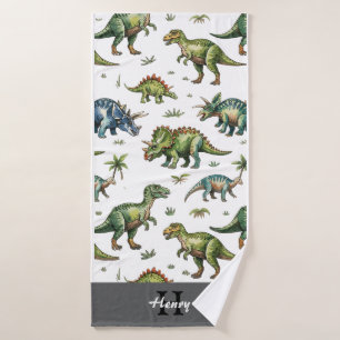 Boys Cute Watercolor Dinosaur & Name Kids Bath Towel