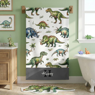 Boys Cute Watercolor Dinosaur & Name Kids Bath Towel