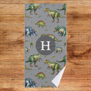 Boys Cute Watercolor Dinosaur & Name Kids Bath Towel