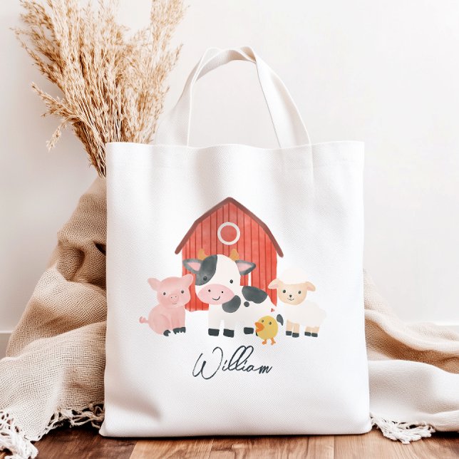 Boys Cute Watercolor Farm Animal Barnyard Kids Tote Bag (Creator Uploaded)