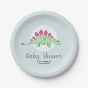 Boys Cute Whimsical Blue Dinosaur Baby Shower Paper Plate