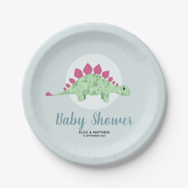 Boys Cute Whimsical Blue Dinosaur Baby Shower Paper Plate (Front)