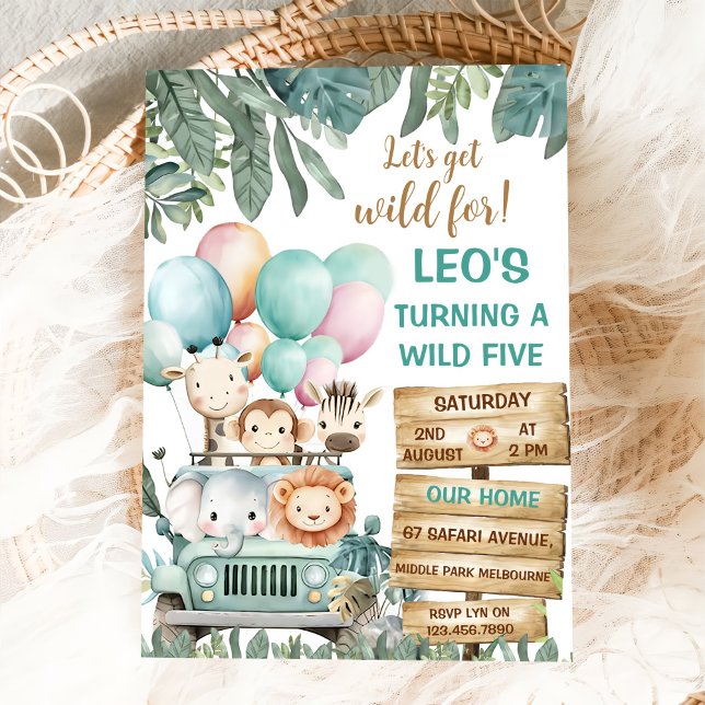 Boys Cute Wild Five Safari 5th Birthday Invitation (Creator Uploaded)