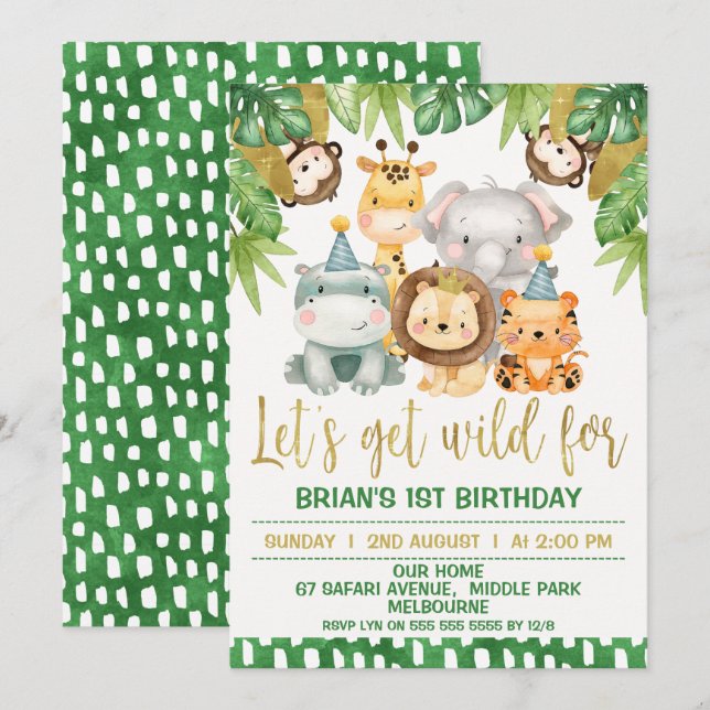 Boys Cute Wild One Safari 1st Birthday Invitation (Front/Back)