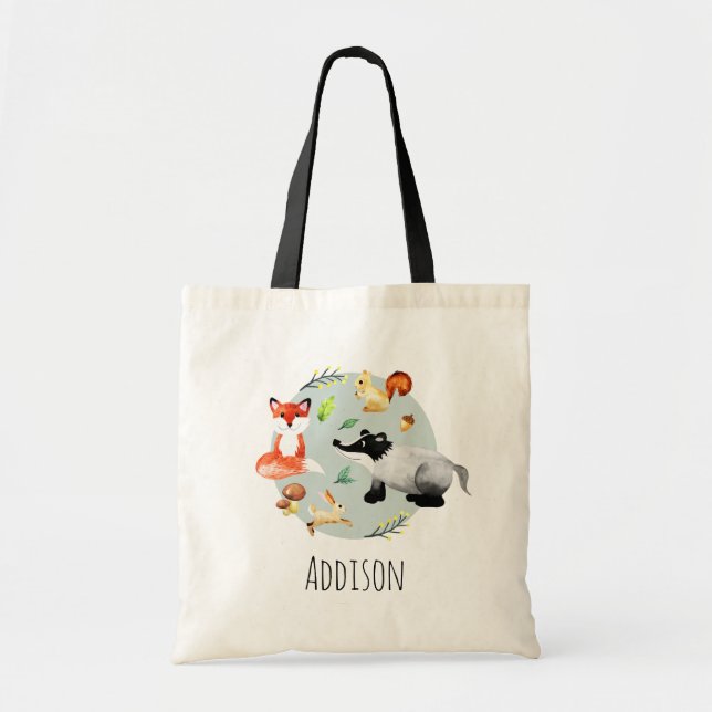 Boys Cute Wildlife Forest Animals Fox & Name Kids Tote Bag (Front)