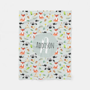 Boys Cute Woodland Forest Animal Pattern Name Kids Fleece Blanket