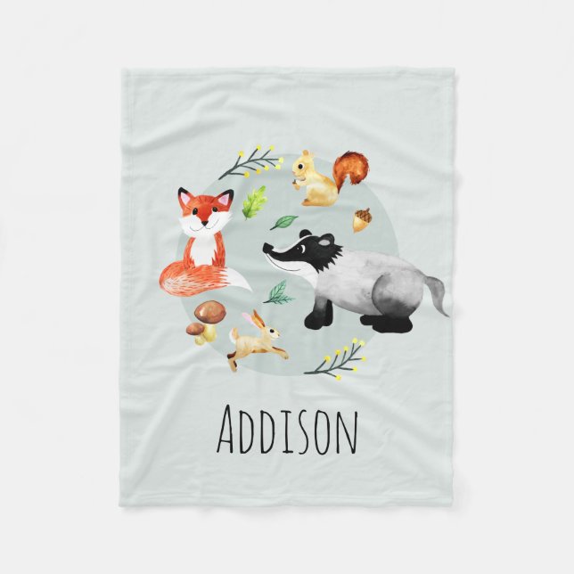 Boys Cute Woodland Forest Animals Fox Name Kids Fleece Blanket (Front)