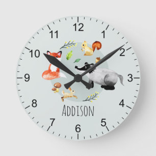 Boys Cute Woodland Forest Animals Kids Nursery Round Clock