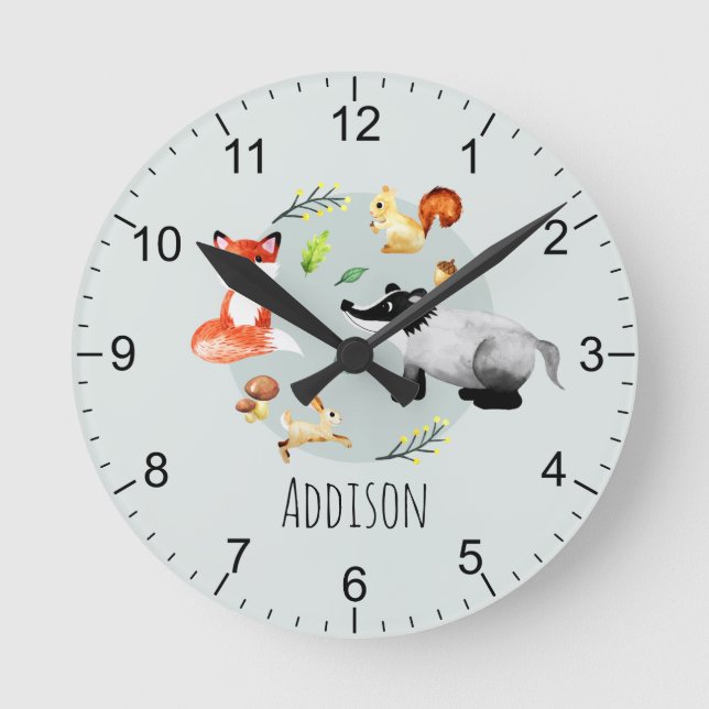 Boys Cute Woodland Forest Animals Kids Nursery Round Clock (Front)