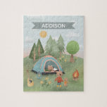 Boys Cute Woodland Forest Bear Camping Kids Jigsaw Puzzle<br><div class="desc">This cute kids puzzle design features colourful outdoor camping illustration,  with bears,  a tent,  forest trees,  a campfire and guitar,  and can be personalised with your boy's name. Perfect for camp or woodland loving kids! Check out our store for other cute outdoor forest designs.</div>