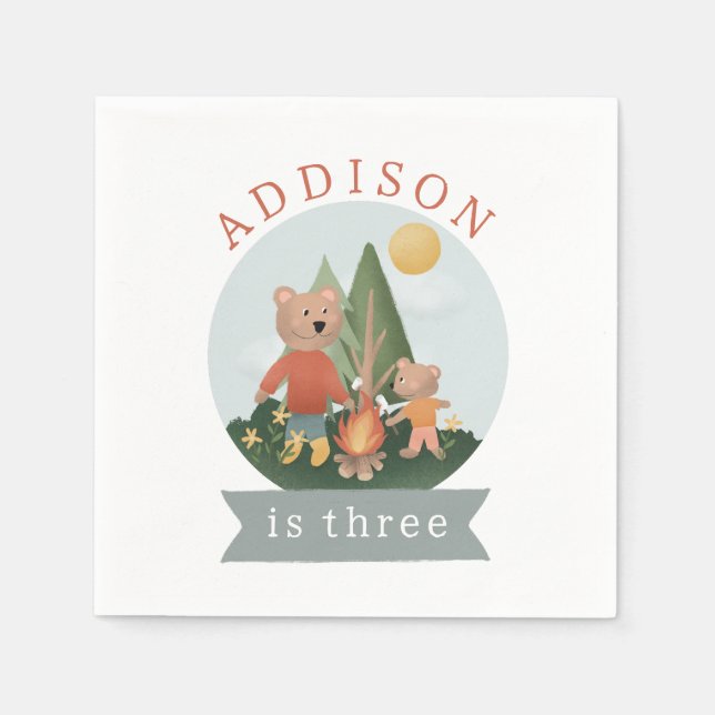 Boys Cute Woodland Forest Camping Bears Birthday  Napkin (Front)