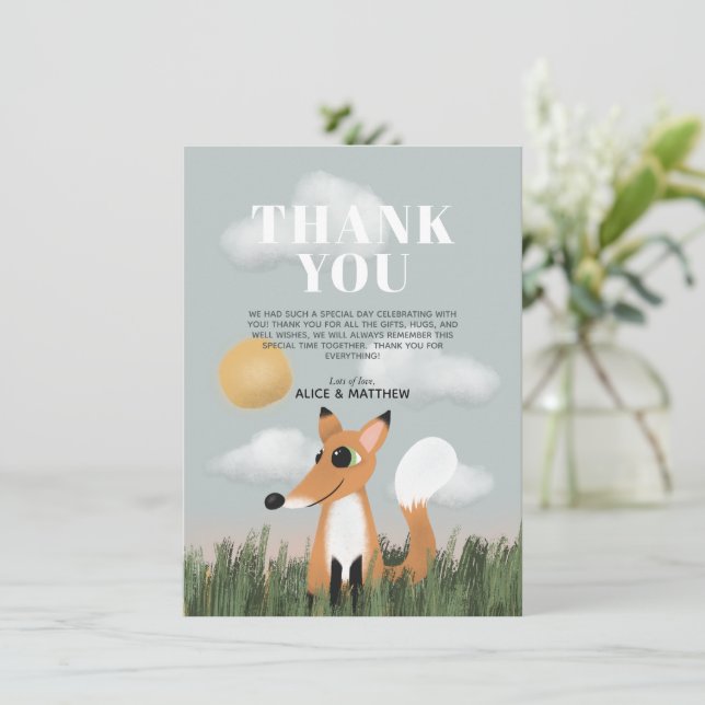 Boys Cute Woodland Forest Fox Baby Shower Thank You Card (Standing Front)