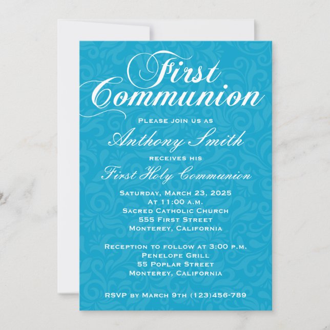 Boy's Damask First Comunion Invitation (Front)