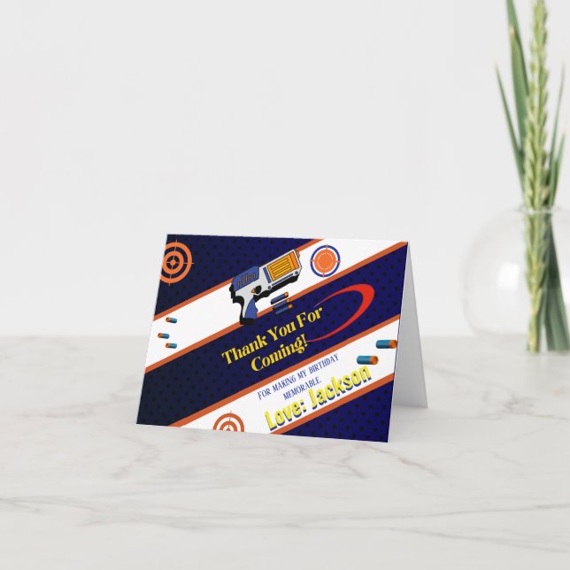 Boys Dart Gun Birthday Party Thank You Card (Front)