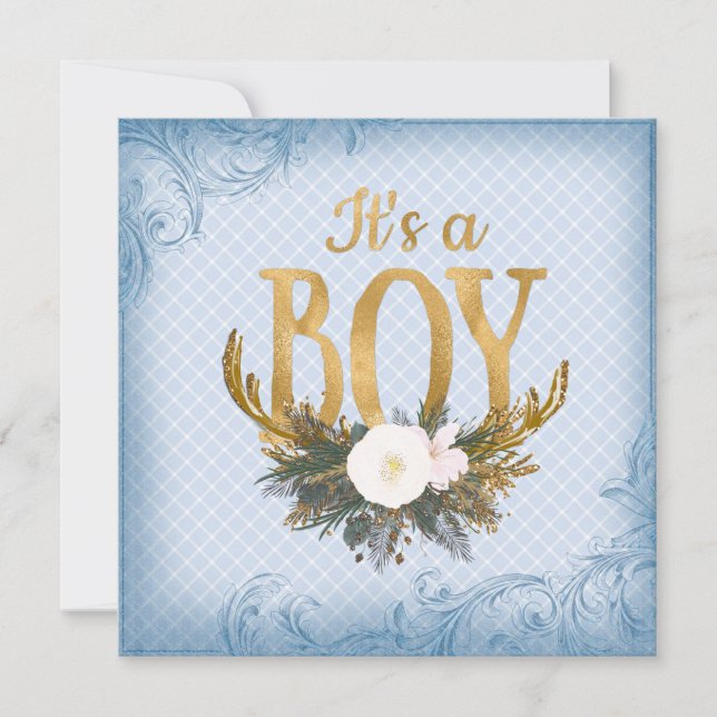 Boys Deer Antler Baby Shower Blue and Gold Invitation (Front)