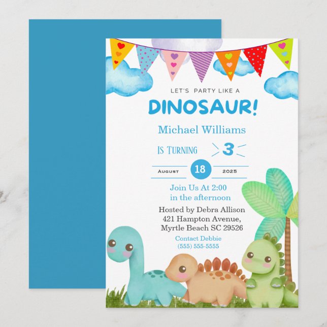 Boys Dinosaur 3rd Birthday Party Invitation (Front/Back)